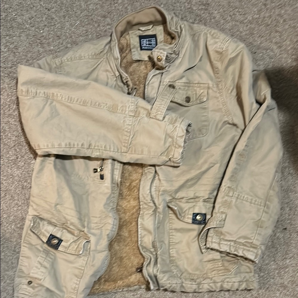 Tan Military Field Jacket with Sturdy Canvas Fabric